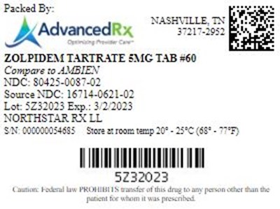 Zolpidem Tartrate 5mg Tab Qty 60 Ndc 80425 0087